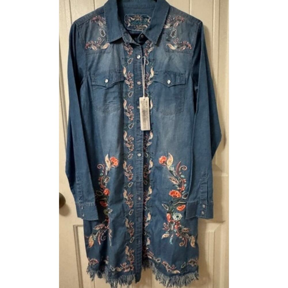 Grace in LA Light Blue Embroidered Denim Long Sleeve Shirt Dress M - Picture 5 of 11
